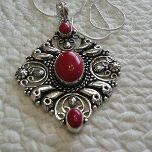 Ornate RED CORAL Handmade Sterling 925 Pendant/Chain #410E